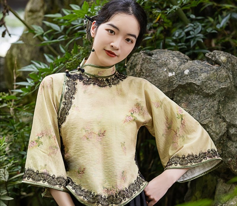 池月 新中式復古 经典倒大袖旗袍式上衣 - 女装上衣 - 棉 黄色