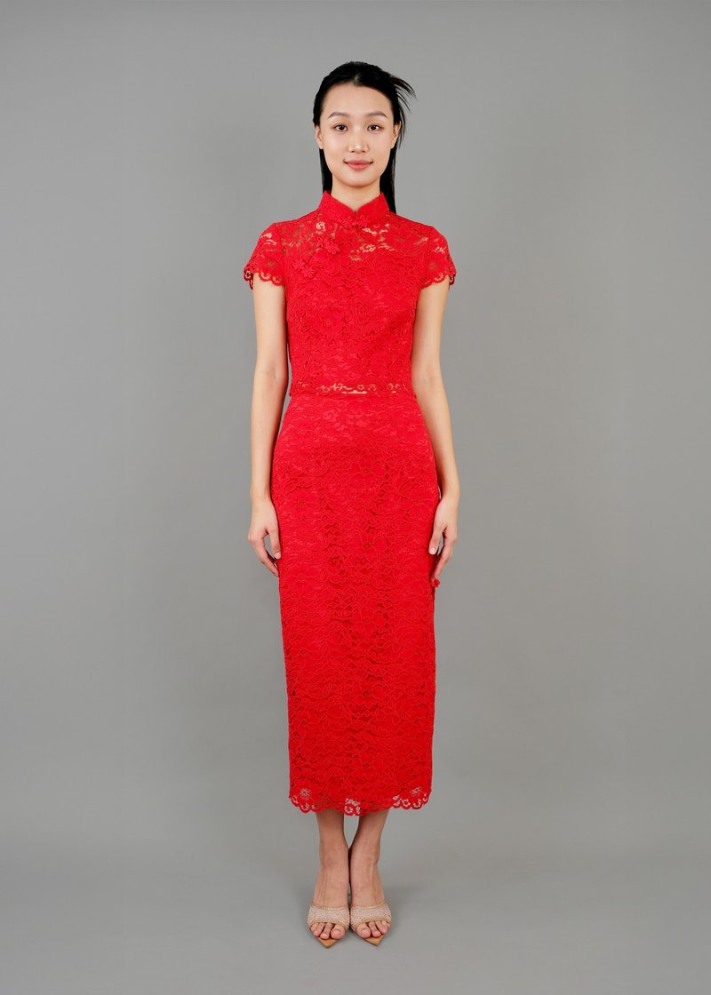 Rosemist蕾丝旗袍上衣+中长裙套装 |香港设计 - 晚装/礼服 - 其他材质 红色