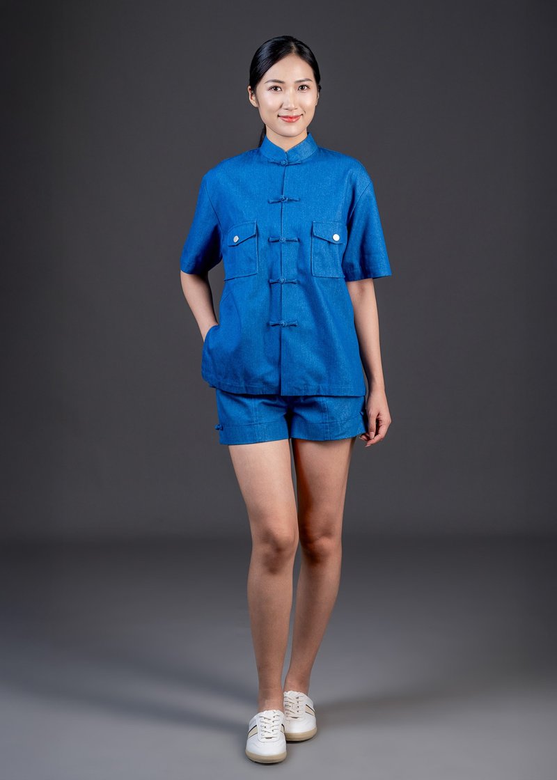 宽松短袖牛仔唐装 (蓝色) |香港设计|休闲|牛仔 - 女装 T 恤 - 棉．麻 蓝色