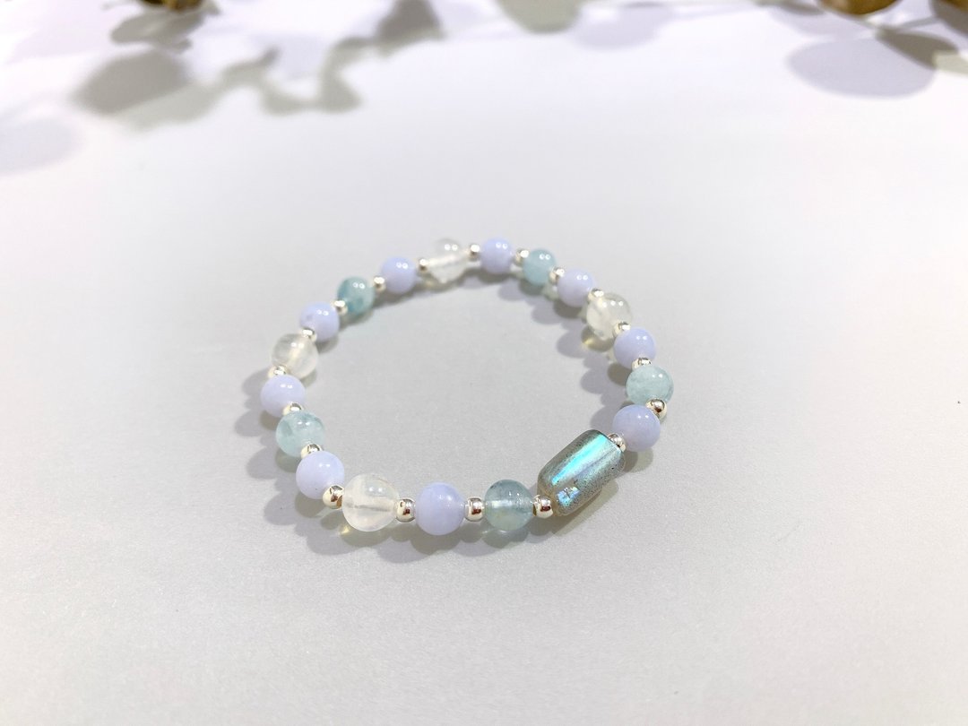 Ops Blue Lace Agate bracelet-蓝纹玛瑙/银/疗愈/月光石/拉长石 - 手链/手环 - 宝石 蓝色