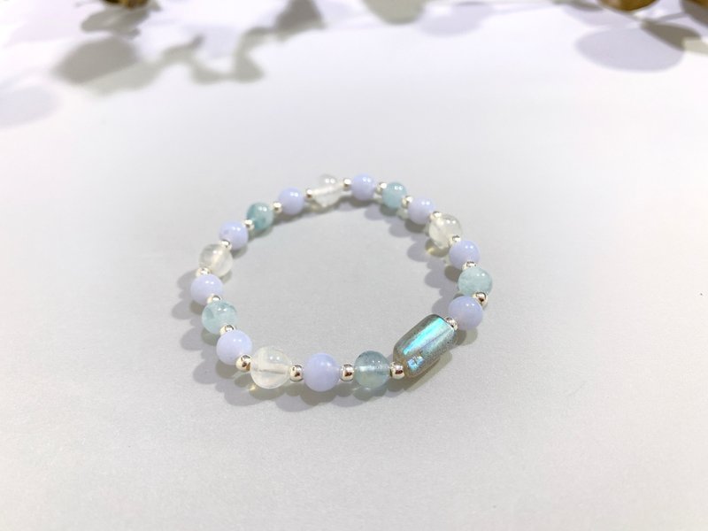 Ops Blue Lace Agate bracelet-蓝纹玛瑙/银/疗愈/月光石/拉长石 - 手链/手环 - 宝石 蓝色