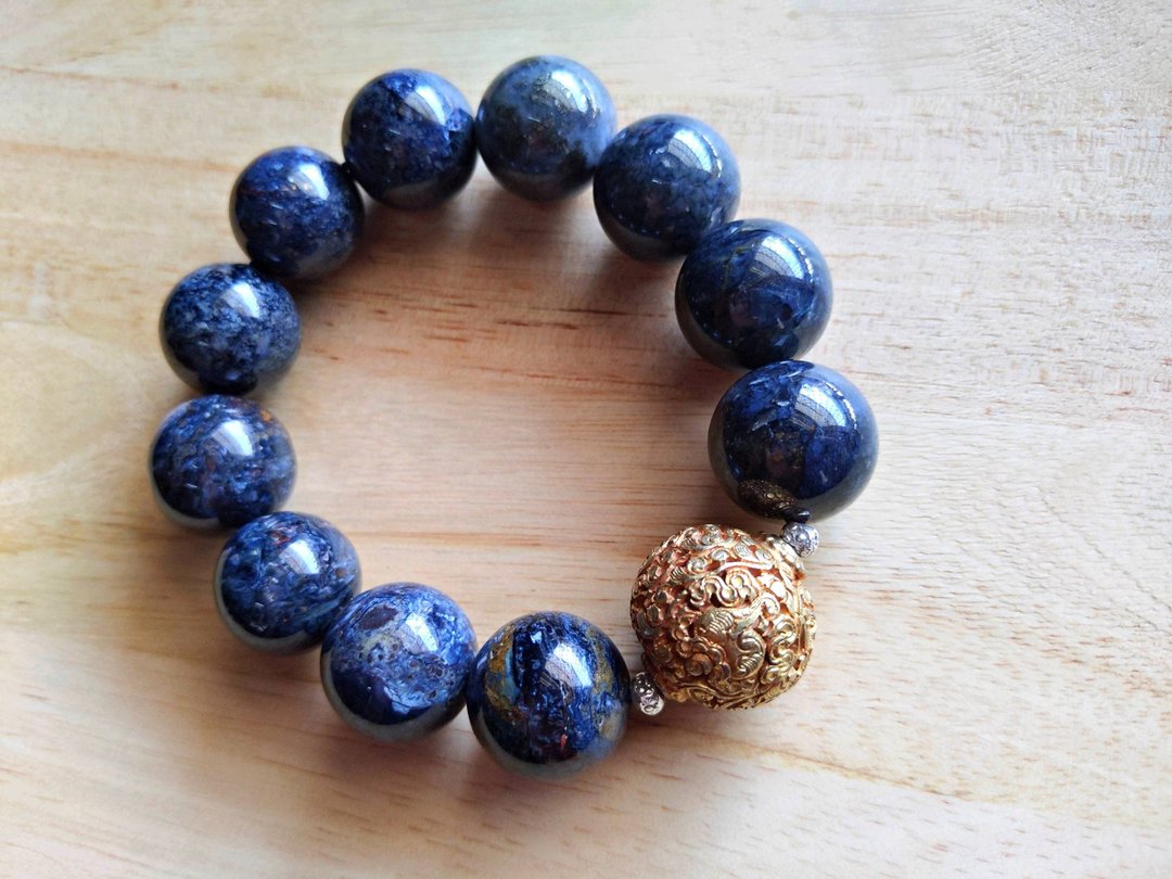 ORLI Jewelry 天然彼得石手珠 17MM彼得石手链 鎏金纯银珠 - 手链/手环 - 宝石 蓝色