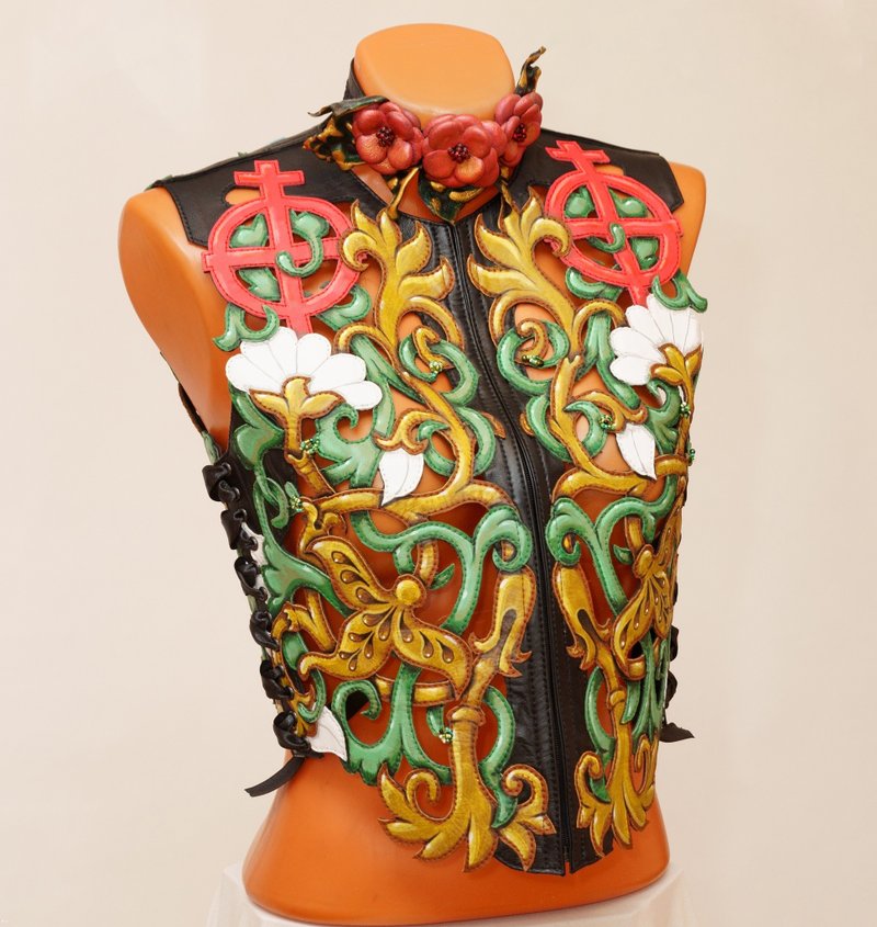 真皮女士背心 绑带 多彩 缕空编织 花朵 - 女装背心 - 真皮 多色