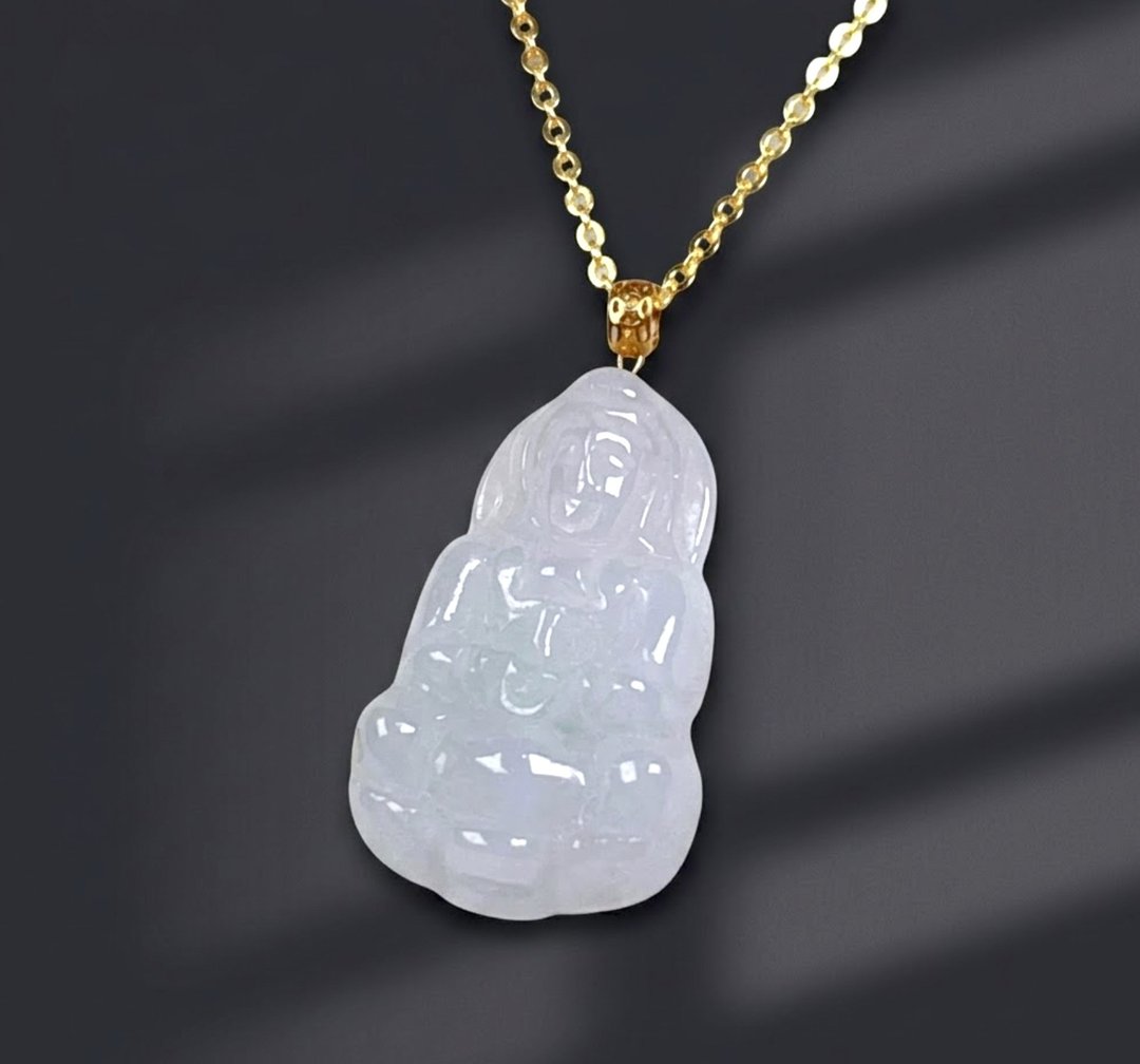 冰种翡翠观音菩萨项链 18K 金坠头 | 天然缅甸玉翡翠 A 货 | 送礼 - 项链 - 玉石 透明