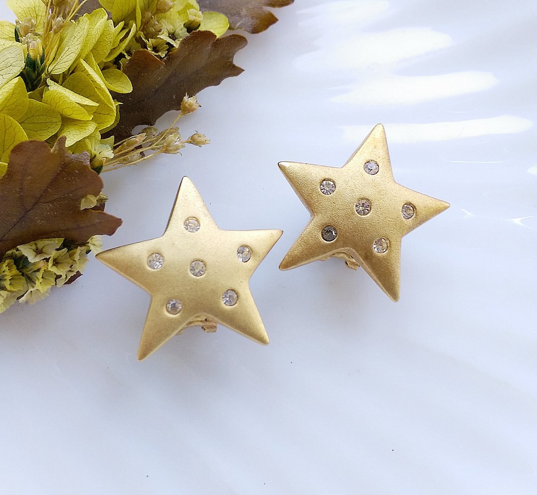 Vintage Jewelry 西洋古董饰品 哑光 精巧星星 针式耳环 - 耳环/耳夹 - 其他材质 金色