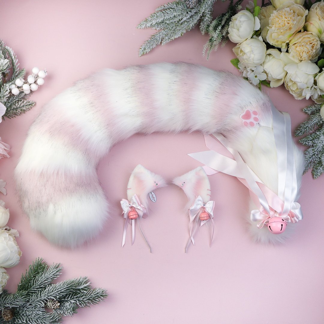 White Cheshire Cat Ears and Tail Set Faux Fur Ears and Tail Set - 发饰 - 其他人造纤维 白色