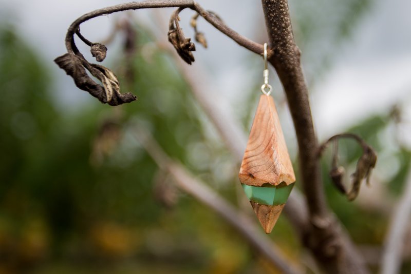 手作 台湾红桧木宝石单边耳环 - 耳环/耳夹 - 木头 咖啡色