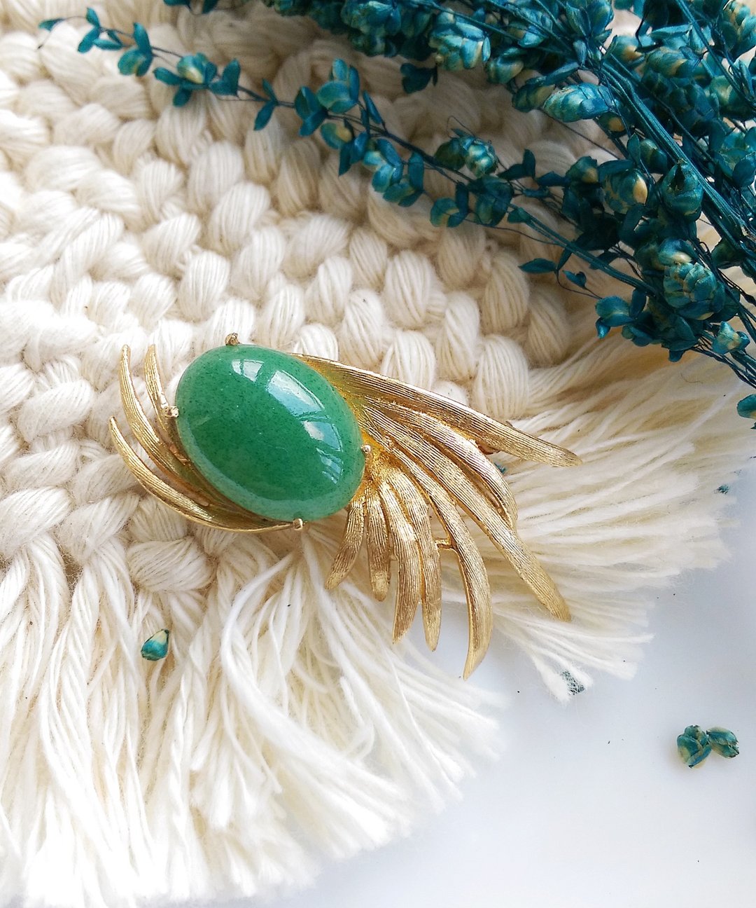 Vintage Jewelry 西洋古董饰品 流线 绿石 优美 别针 - 徽章/别针 - 其他金属 金色