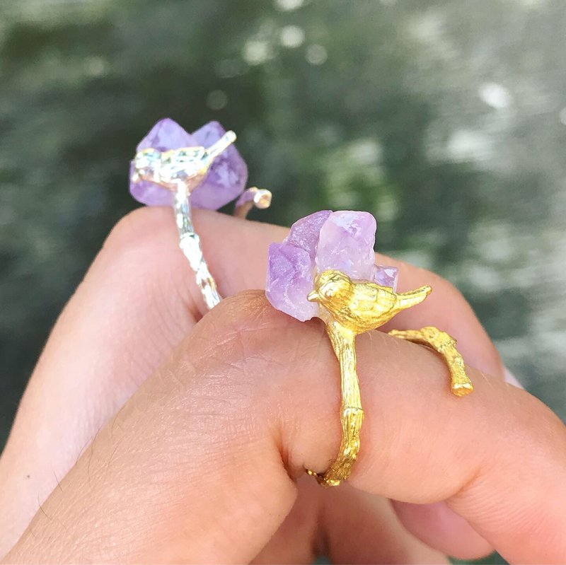 【Lost and find】简款 天然石 紫水晶 原石 小鸟 指环 - 戒指 - 宝石 紫色