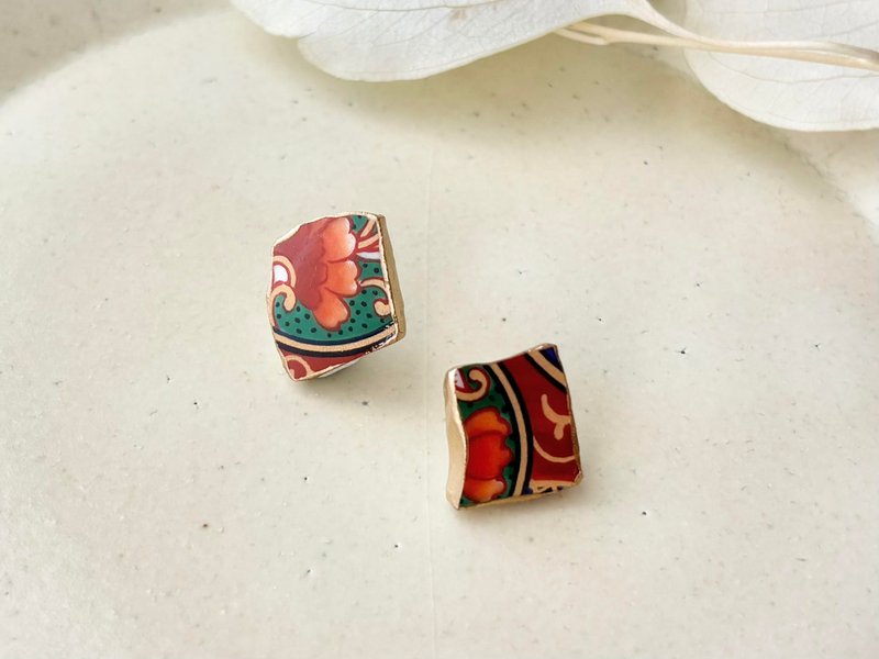 【可选配金属配件】有田烧 金继 耳针/耳夹 橘色花柄 传统工艺 No.519 - 耳环/耳夹 - 陶 橘色