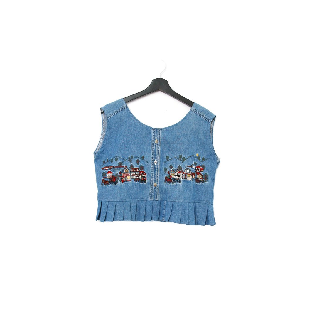 Back to Green-丹宁刺绣背心 傍晚的村庄 dv-22//vintage vest - 女装背心 - 棉 