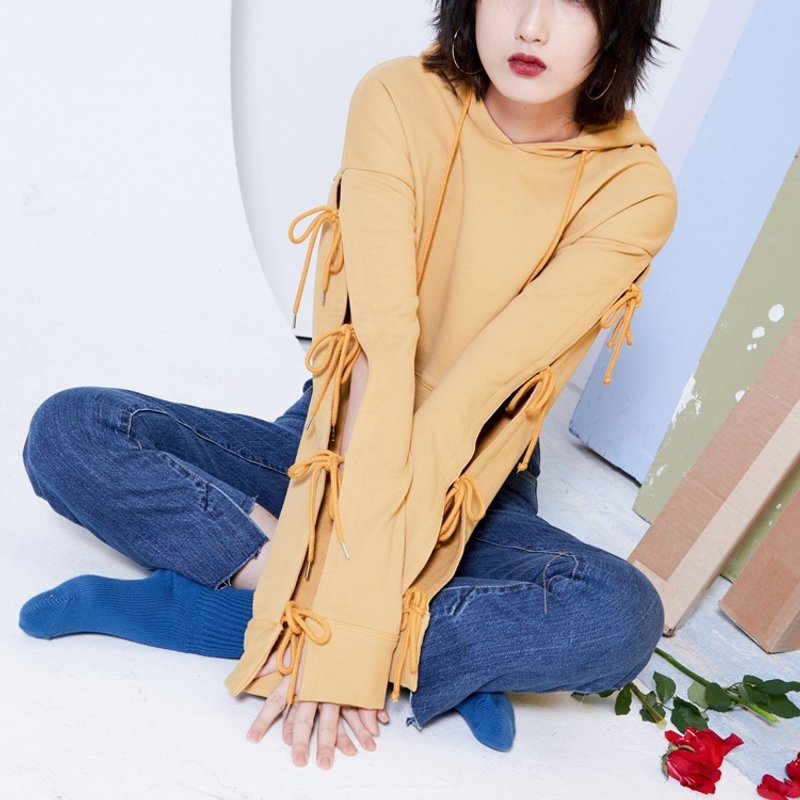 袖开衩系带帽踢 芥末黄 - 女装上衣 - 棉．麻 黄色