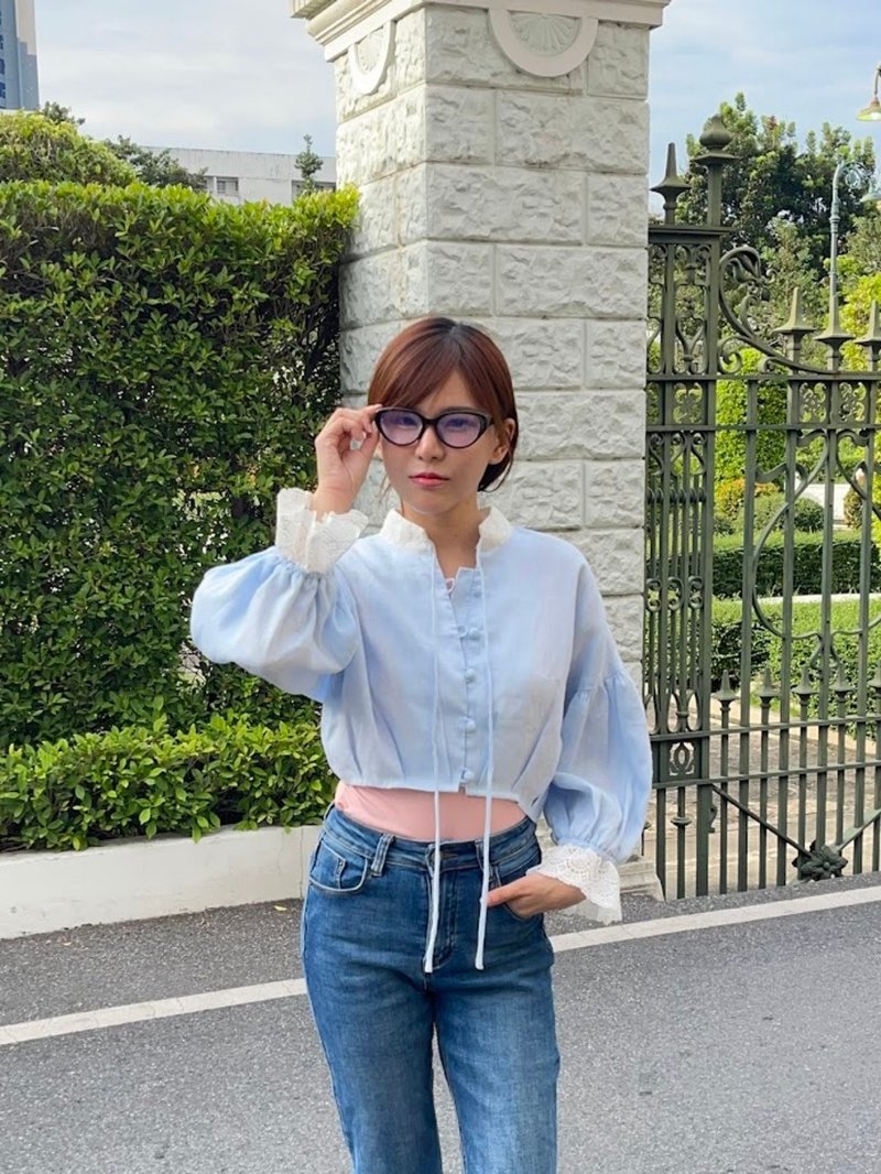 Cosy Top 蓝色  超大号中式立领短版上衣 - 女装上衣 - 棉 蓝色