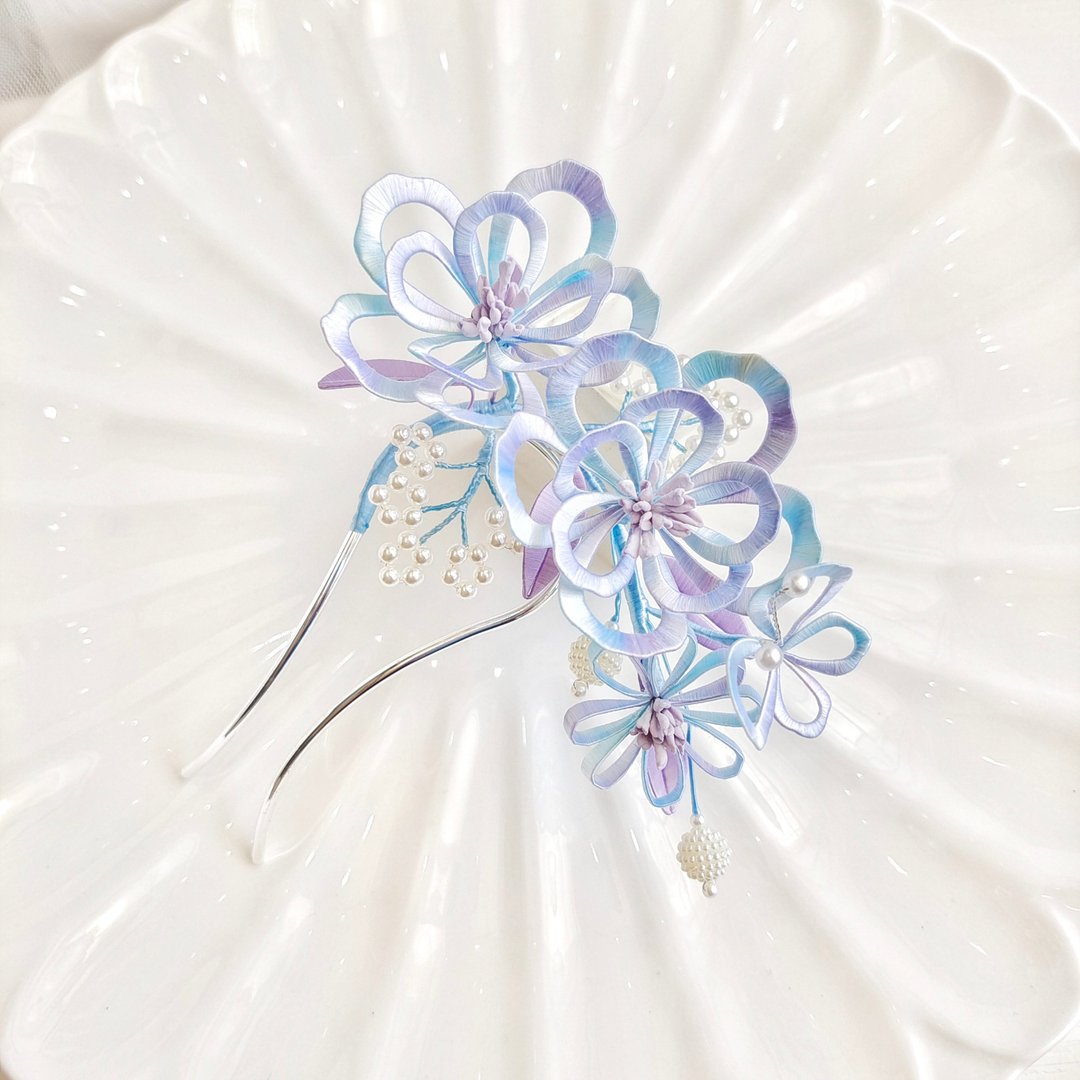 渐变春夏花 百合花发夹 缠花 春仔花 和服发饰 天然真丝 蚕丝 - 发饰 - 丝．绢 蓝色
