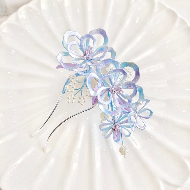 渐变春夏花 百合花发夹 缠花 春仔花 和服发饰 天然真丝 蚕丝 - 发饰 - 丝．绢 蓝色