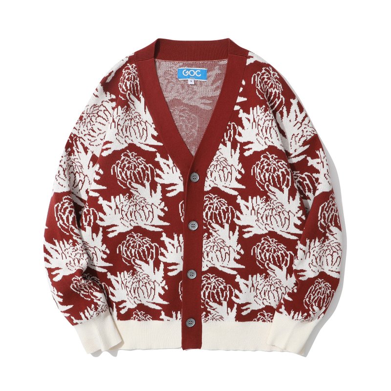 GOC Studio 全棉菊花图案长袖针织外套 - 樱桃色白色大菊花 - 女装针织衫/毛衣 - 棉．麻 