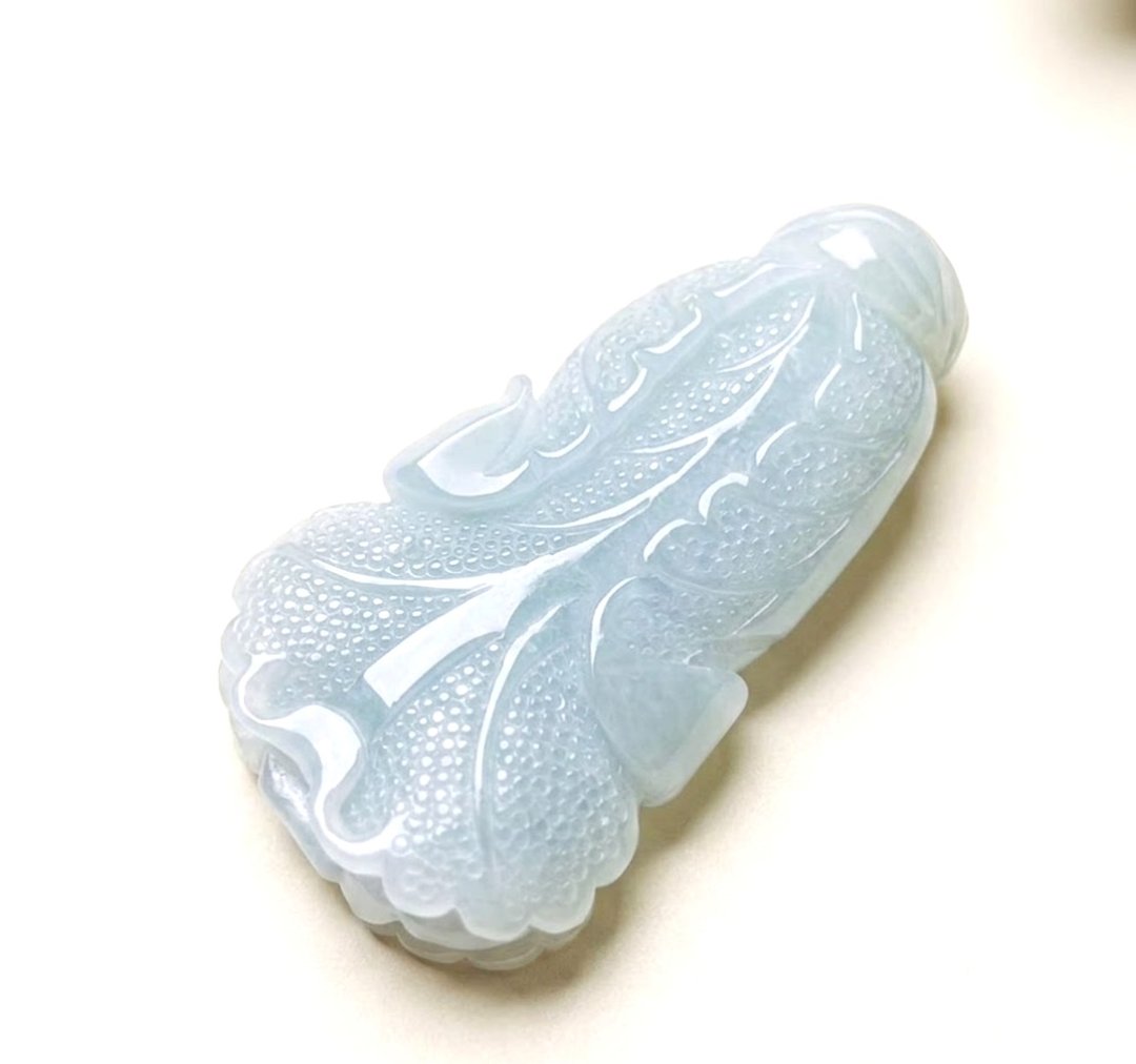 【摆财】淡蓝翡翠巧雕白菜 | 天然缅甸玉A货翡翠 | 送礼 - 项链 - 玉石 多色