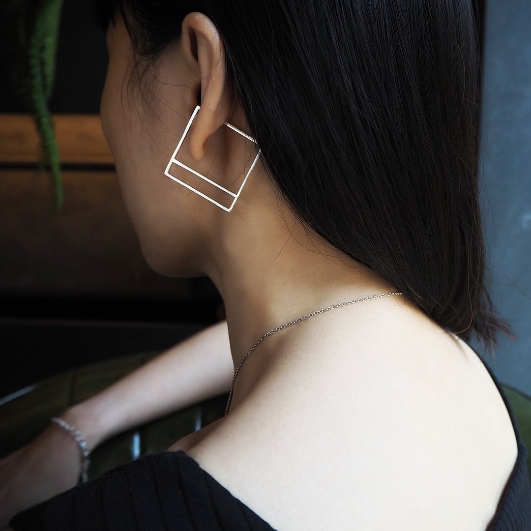 square a earring_方框a耳骨环 925银 没耳洞 耳环 耳夹 订制 - 耳环/耳夹 - 银 银色