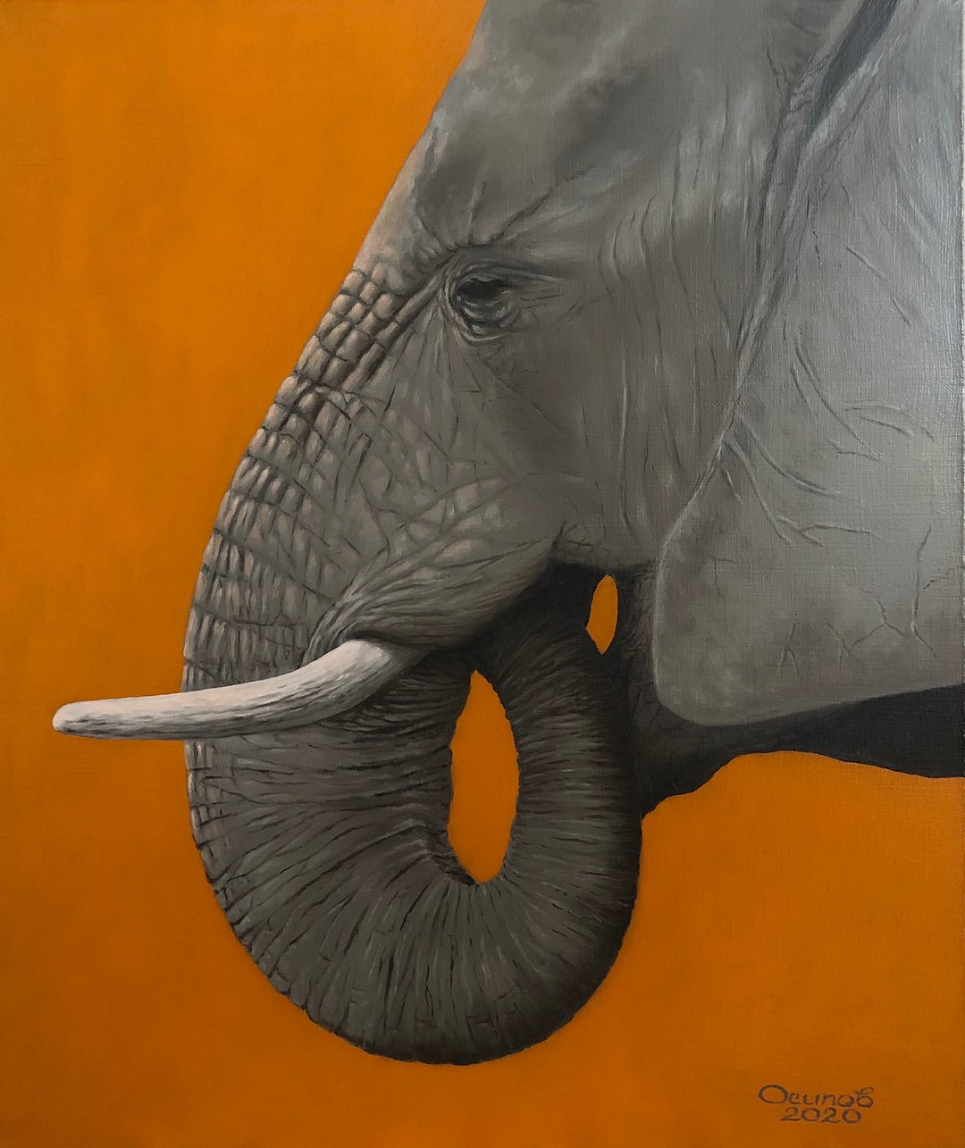 Original Elephant Oil Painting On Canvas Animal Orange Painting Contemporary Art - 墙贴/壁贴 - 棉 多色