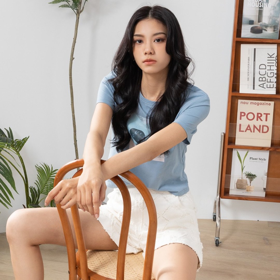 【MEDUSA】天蓝后背交叉镂空短Tee(M-XL) | 女短袖T恤 女休闲上衣 - 女装 T 恤 - 棉 蓝色