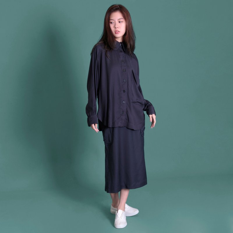 造型领衬衫 深蓝 - 女装衬衫 - 棉．麻 蓝色