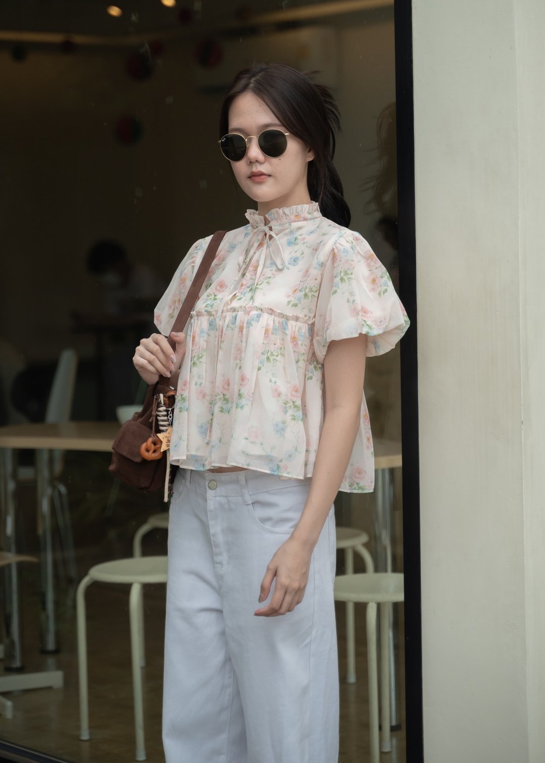 Elodie 复古碎花泡泡袖衬衫。 - 女装上衣 - 聚酯纤维 粉红色