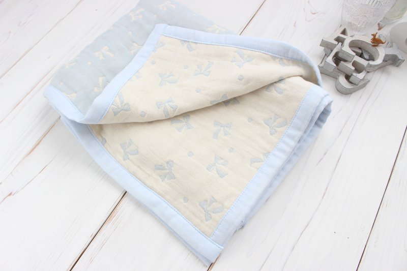 Japanese made fluffy gauze ribbon pattern weaving purple sweatshirt ribbonpattern gauzeket blanket swaddle - 毛巾浴巾 - 棉．麻 蓝色