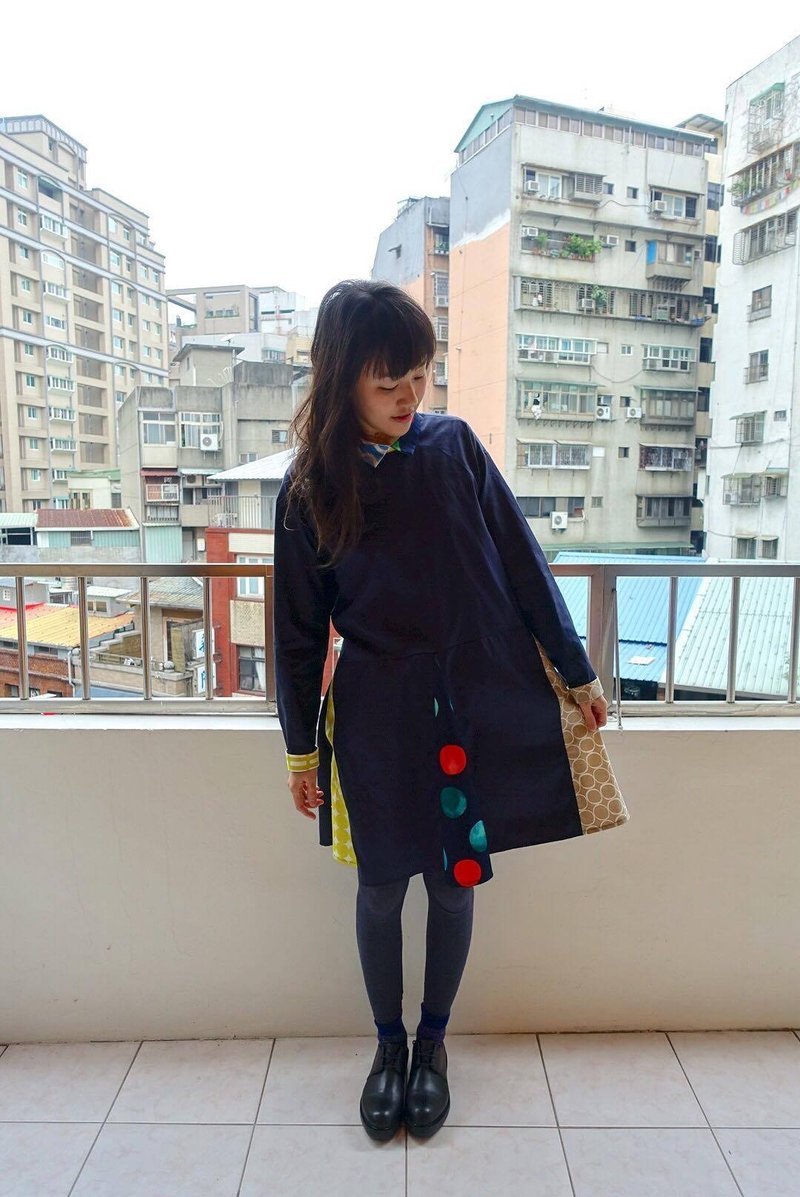 拼接小圆裙洋装（拼接布料需替换购买前请私讯） - 洋装/连衣裙 - 棉．麻 蓝色