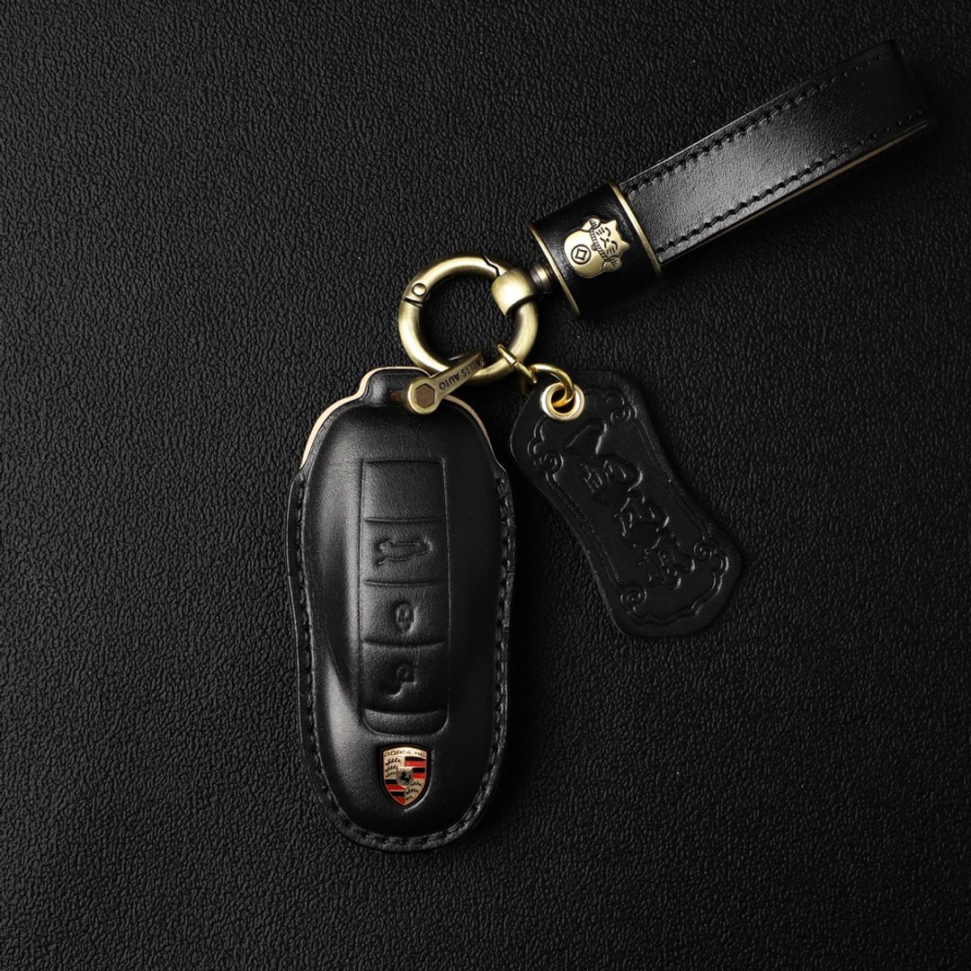 保时捷 PORSCHE 991 911 Macan Cayenne 手缝汽车钥匙皮套 真皮 - 钥匙链/钥匙包 - 真皮 黑色