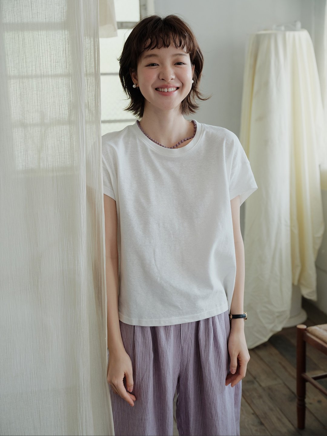 棉麻混纺T恤短袖圆领上衣 - 女装衬衫 - 棉 多色