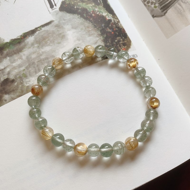 金柳醉。天然绿幽灵钛晶手链 文艺事业生意礼物水晶饰品 - 手链/手环 - 水晶 金色