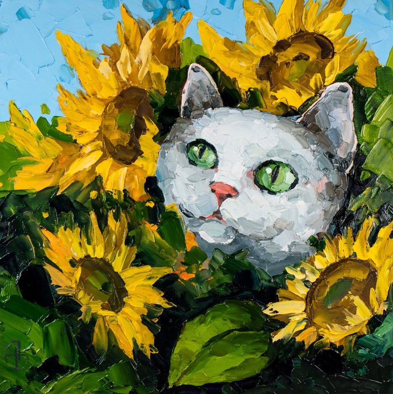 White Cat Painting Sunflowers Original Art Flowers Field Artwork Oil Painting - 海报/装饰画/版画 - 其他材质 绿色