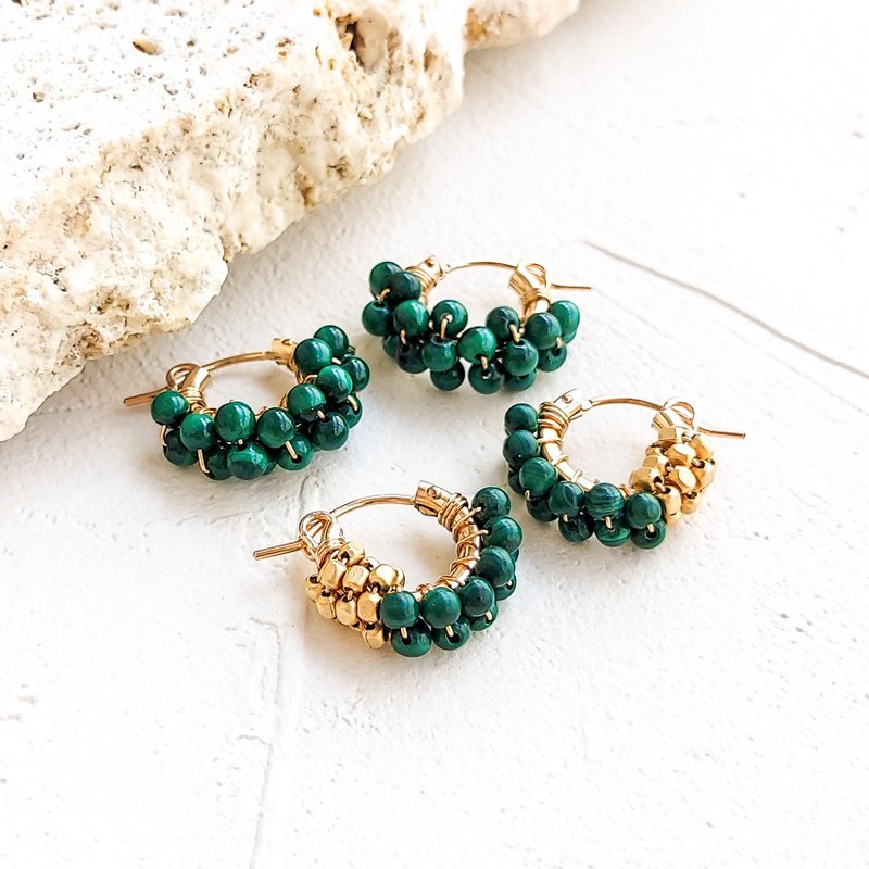 Malachite gold bi-color wraped pierced earrings / earrings - 耳环/耳夹 - 宝石 绿色
