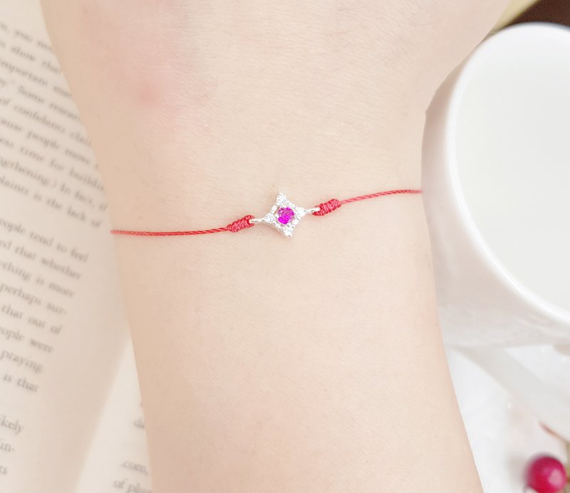 纯银 菱形钻 幸运草 四叶草 红钻  手绳 手链 红线 钻 桃花 姻缘 - 手链/手环 - 其他人造纤维 红色