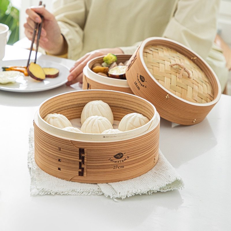 日本霜山 圆形竹制蒸笼组(2笼1盖)-27cm - 厨房用具 - 竹 黄色