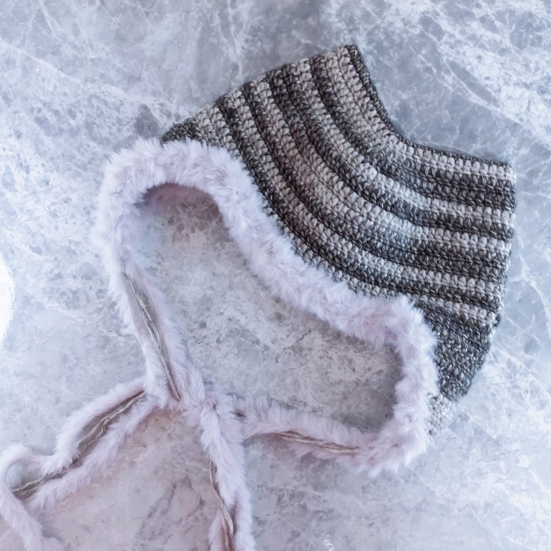 黑灰毛毛猫耳帽 护耳帽 毛线帽 手钩编织帽 - 帽子 - 棉．麻 灰色