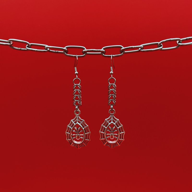 MrR手作不锈钢圈S925银钩蜘蛛网吊坠吊挂式耳环一对 - 耳环/耳夹 - 不锈钢 银色