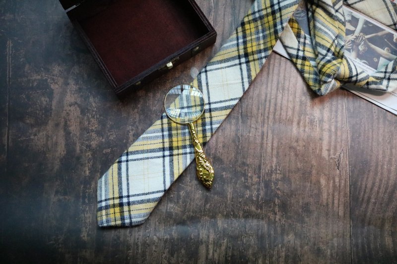 學院派氣質黃色格子領帶秋冬羊絨毛呢bolotie - 领带/领带夹 - 羊毛 黄色