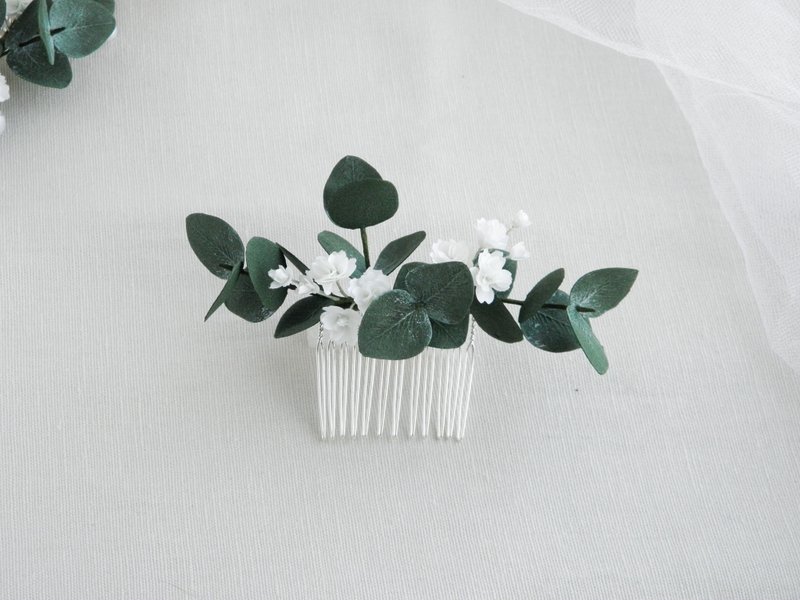 Bridal hair comb with gypsophila and eucalyptus Flowers hair comb bride - 发饰 - 其他材质 绿色