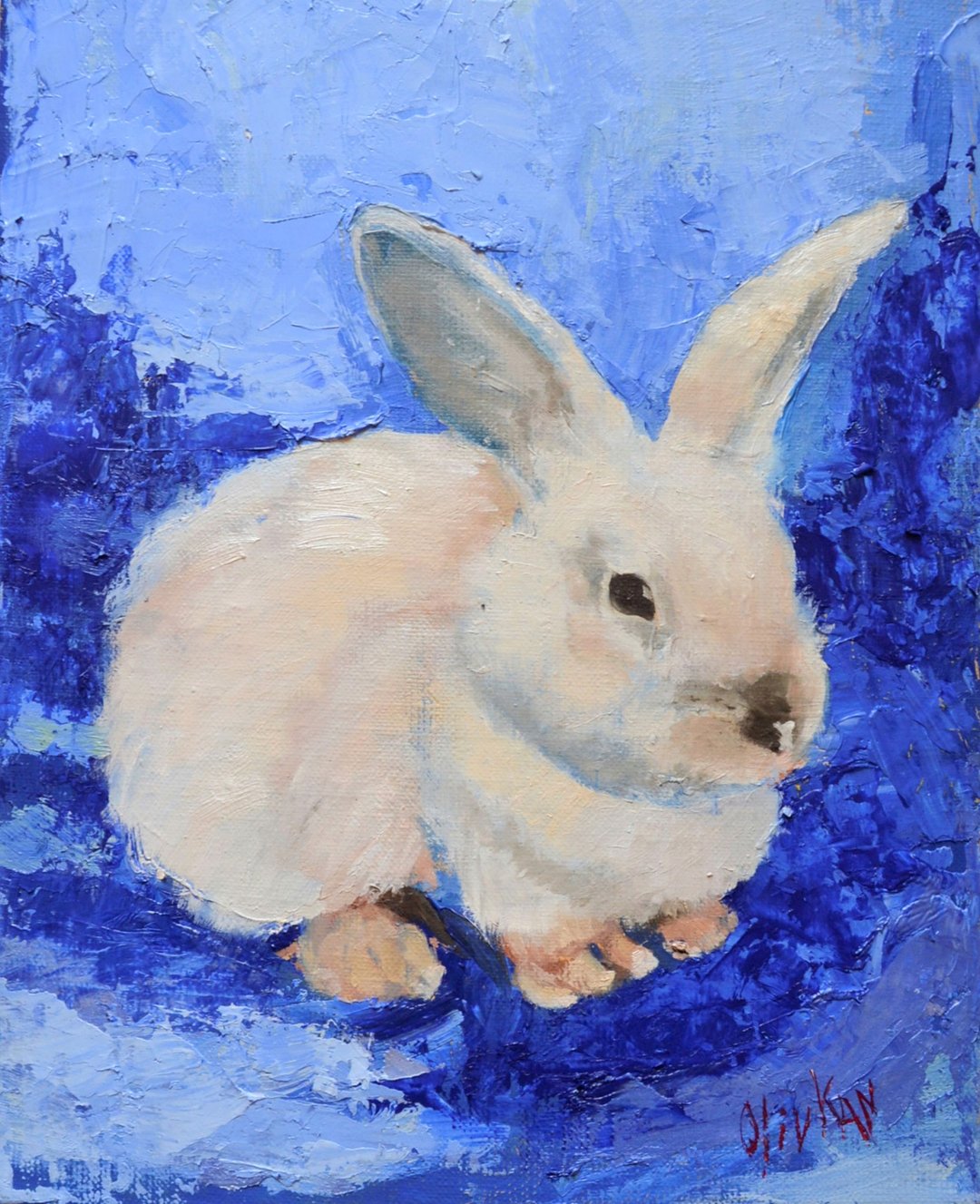 Bunny Oil Painting Animal Original Art Rabbit Oil Artwork - 墙贴/壁贴 - 其他材质 多色