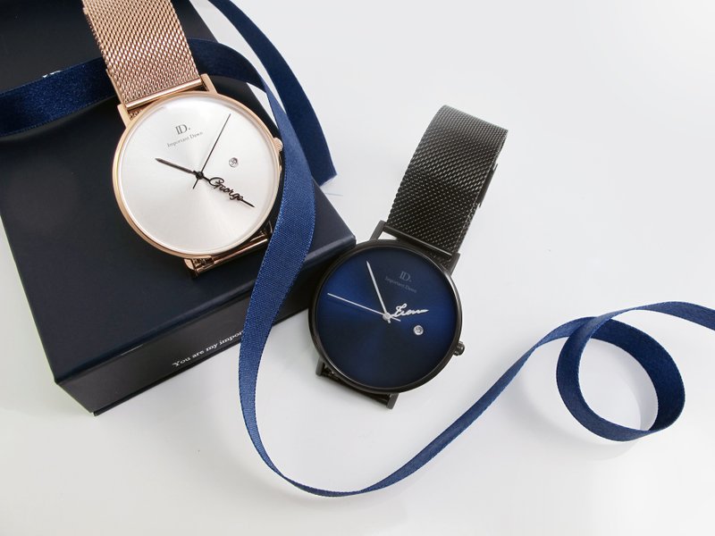 定制化姓名指针手表-精致太阳纹 成双成对 - 对表/情侣表 - 真皮 黑色