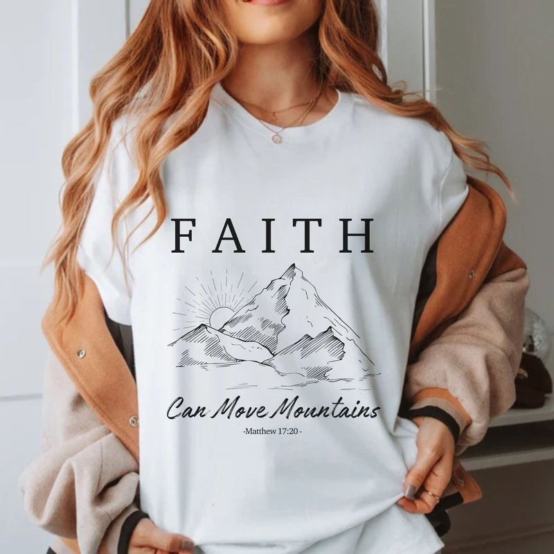 Faith Can Move Mountains 马太福音 17:20 圣经金句 中性短上衣 - 女装 T 恤 - 棉．麻 白色