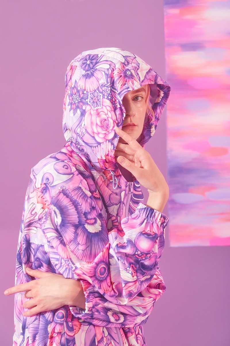 紫色花插画图案长袖连帽风衣外套 - 洋装/连衣裙 - 聚酯纤维 紫色