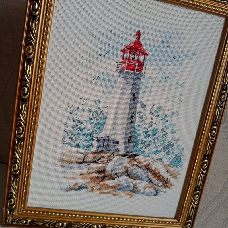 手工制作的灯塔和波浪画，沿海墙壁艺术，用于家居装饰，成品 - 墙贴/壁贴 - 绣线 蓝色