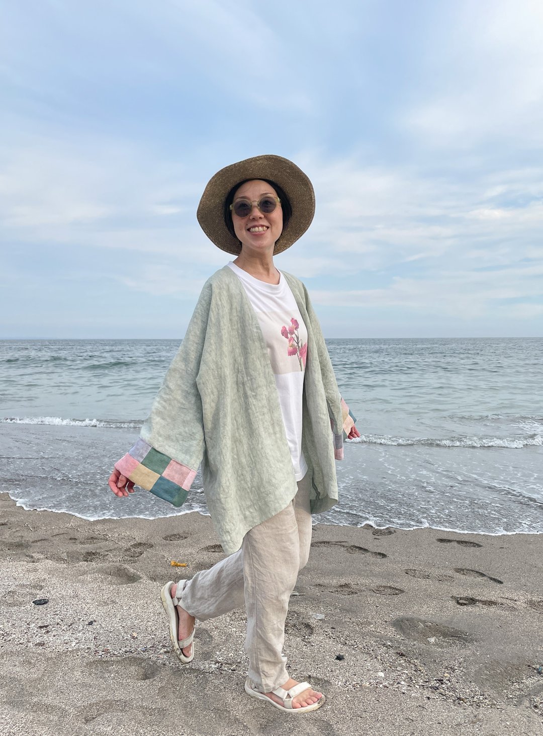 日本制造 手染 Fresh Green 和服式开襟外套 草木染+泥染 法式亚麻和服式开襟外套 拼贴袖口 - 中性连帽卫衣/T 恤 - 棉 黄色