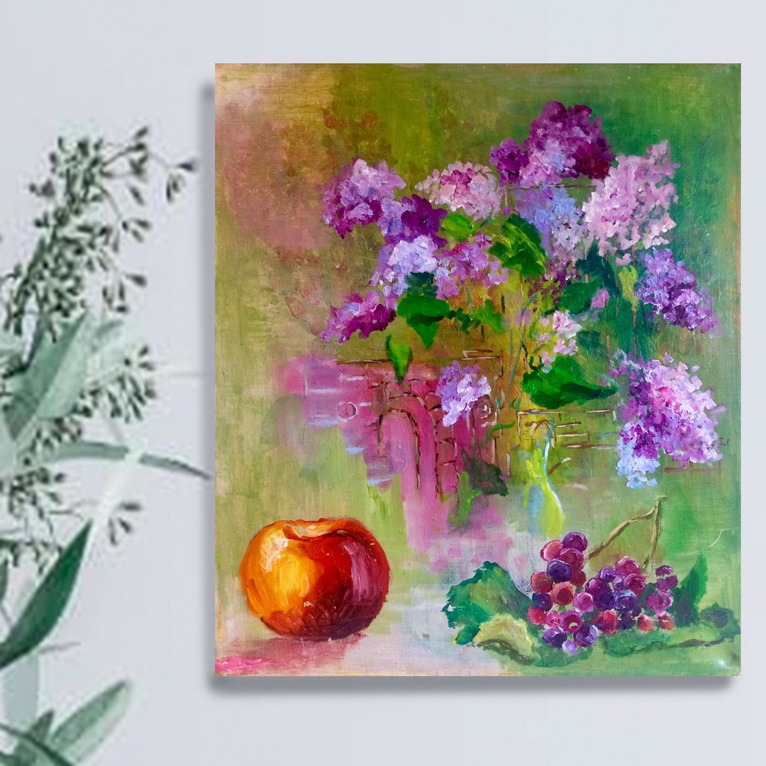 Lilac and fruit painting / 鮮花和水果 / Spring Flowers / 原創油畫 / Still  life - 海报/装饰画/版画 - 棉 多色