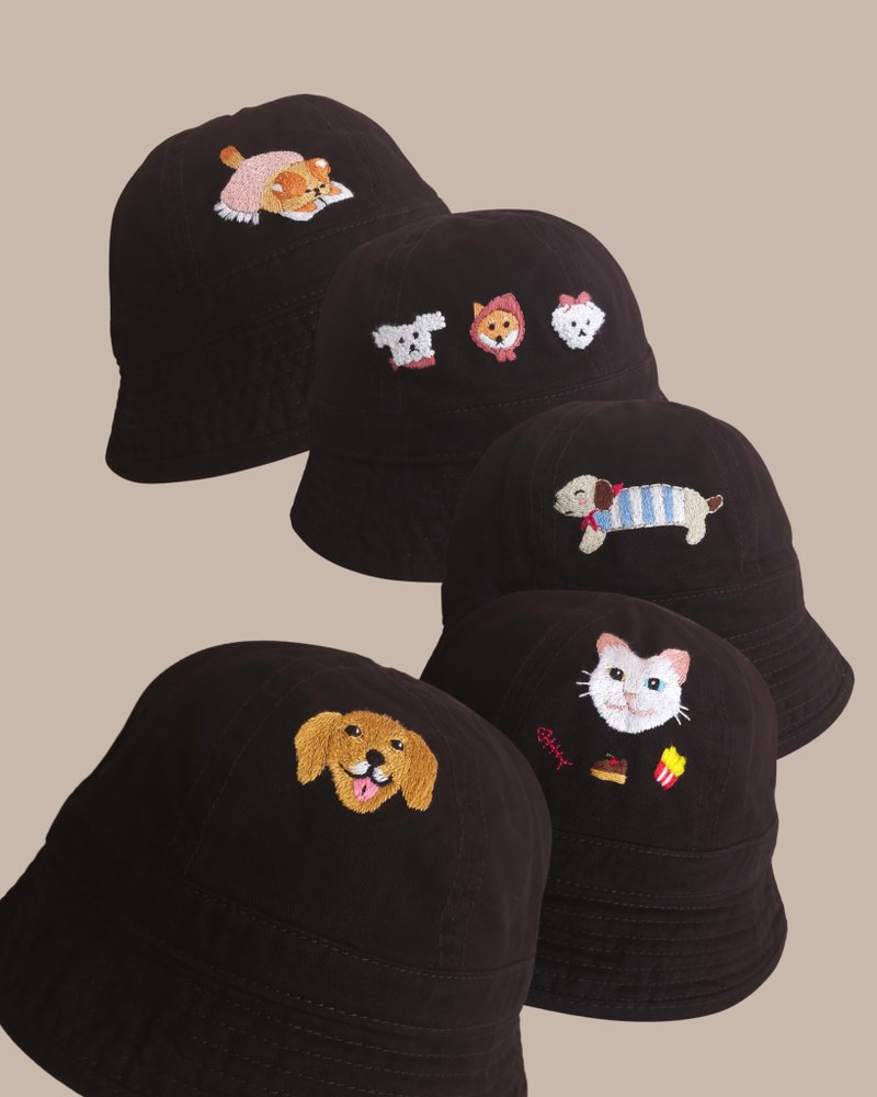 带有狗和猫图案的黑手工刺绣帆布渔夫帽 - 帽子 - 棉．麻 黑色