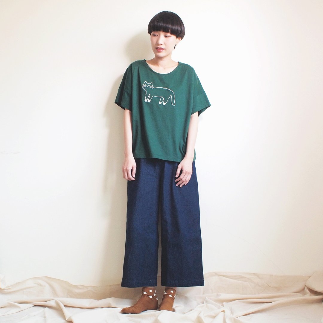 white socks cat t-shirt : green - 女装 T 恤 - 棉 绿色