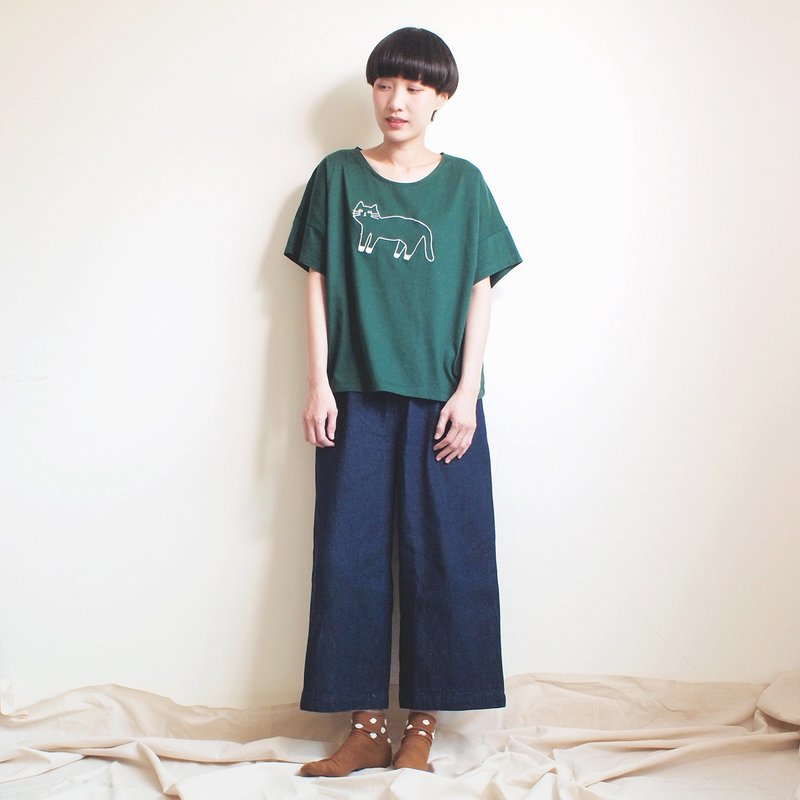 white socks cat t-shirt : green - 女装 T 恤 - 棉．麻 绿色