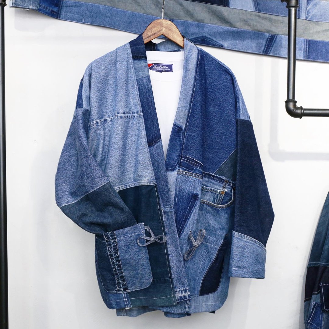 牛仔拼布patchwork kimono - 男装外套 - 棉 蓝色